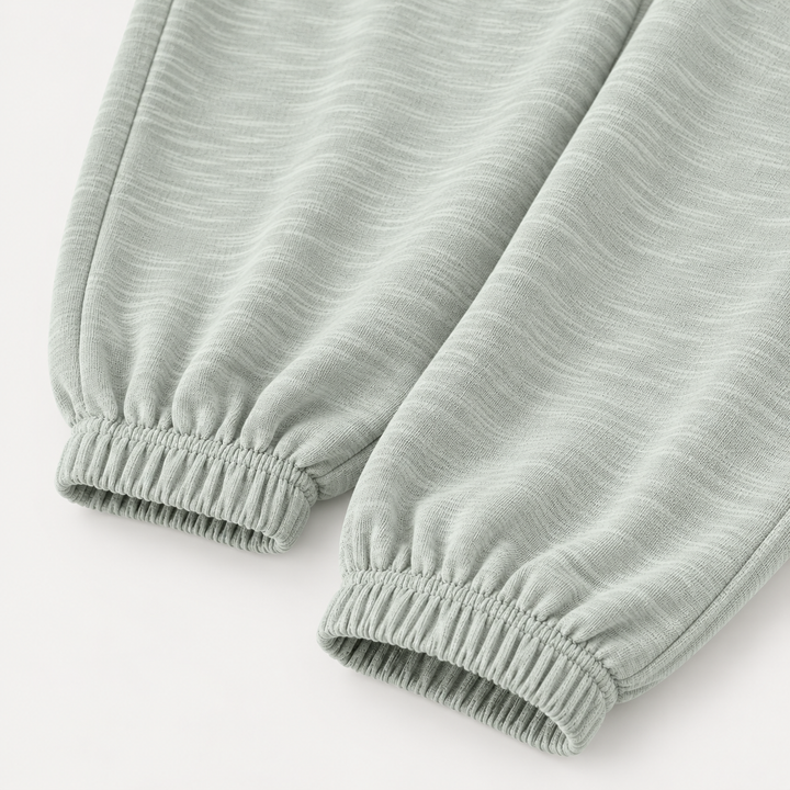 PAIGELAUREN Sage Slub Rib Baggy Pant elastic ankle and fabric detail