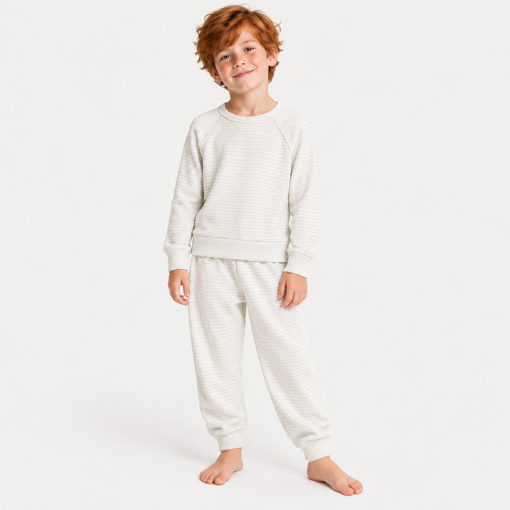 Boy wearing PAIGELAUREN Stripe Heavy French Terry Sweatshirt and Jogger Set