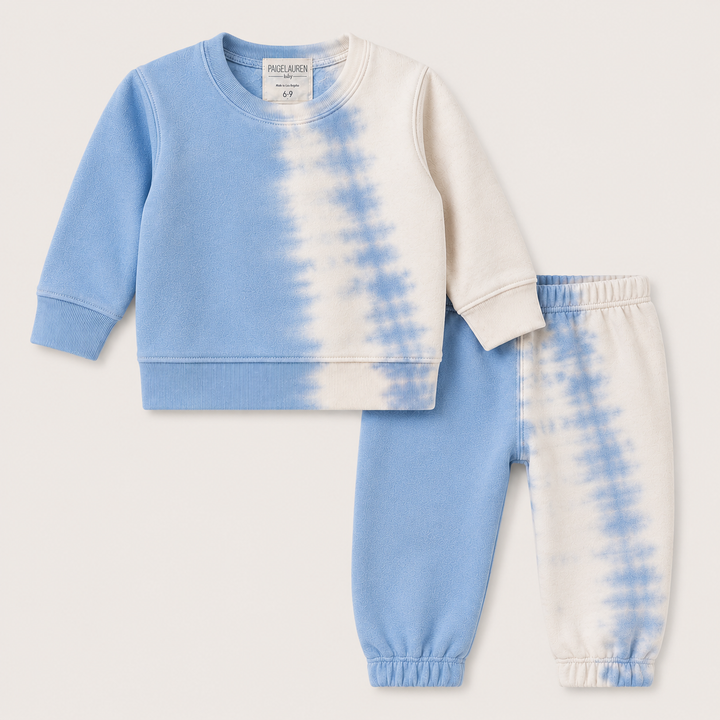 PAIGELAUREN Super Soft Fleece Tie Dye Sweatshirt and Sweat Pant Set in Light Blue Tie Dye