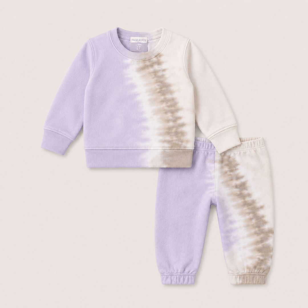 PAIGELAUREN Super Soft Fleece Tie Dye Sweatshirt and Sweat Pant Set in Lilac Tie Dye