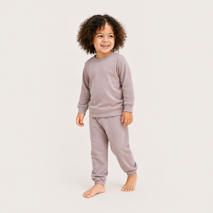 Toddler wearing PAIGELAUREN Lightweight Hacci Pullover & Pant Set in Taupe