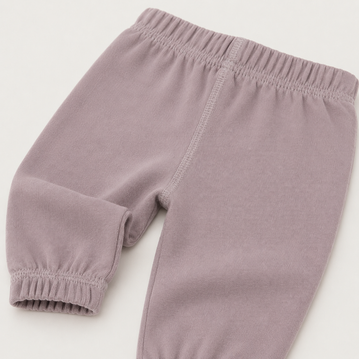 Close-up of PAIGELAUREN Taupe Hacci Pant elastic waistband and seam detail