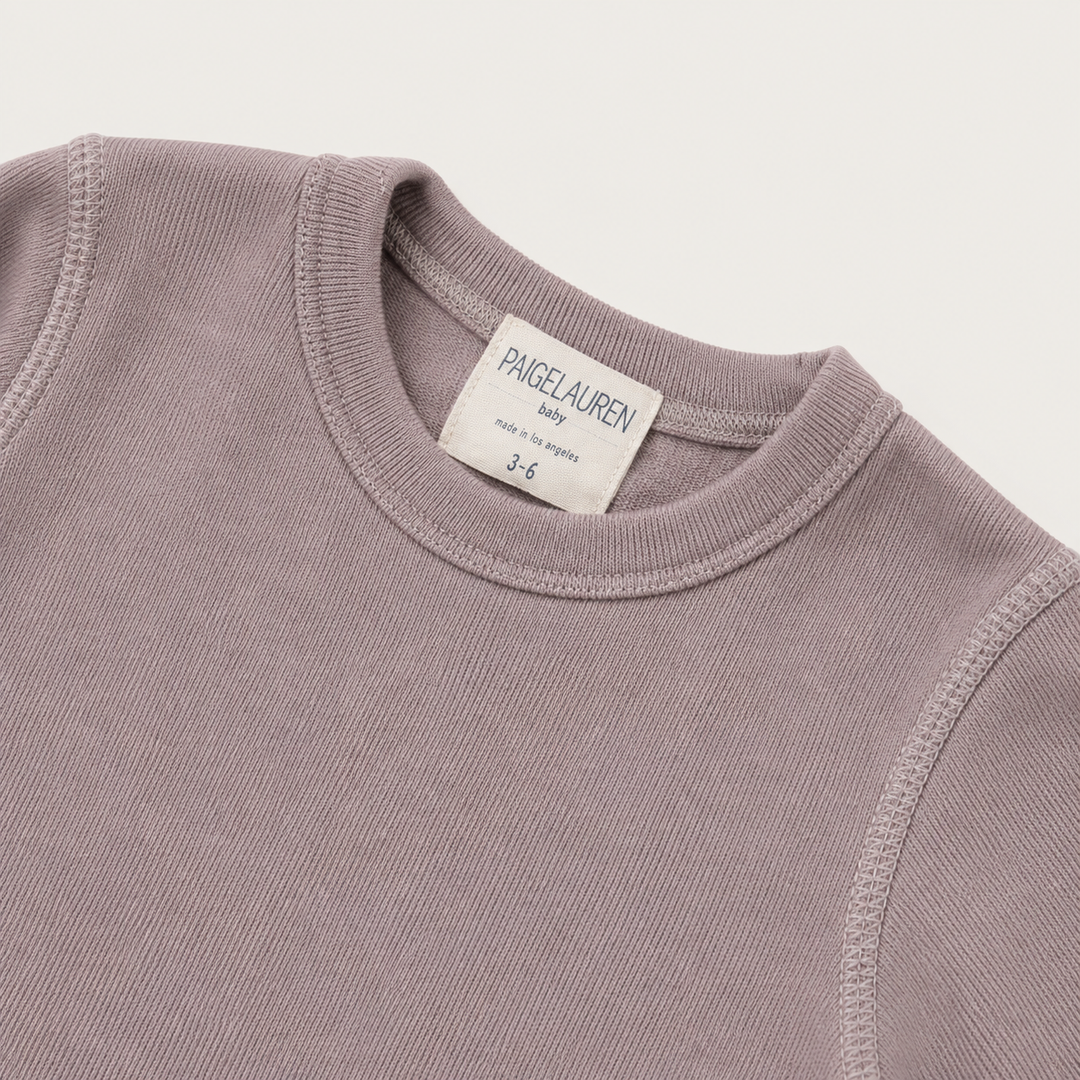 Close-up of PAIGELAUREN Taupe Hacci Pullover neckline and topstitch detail