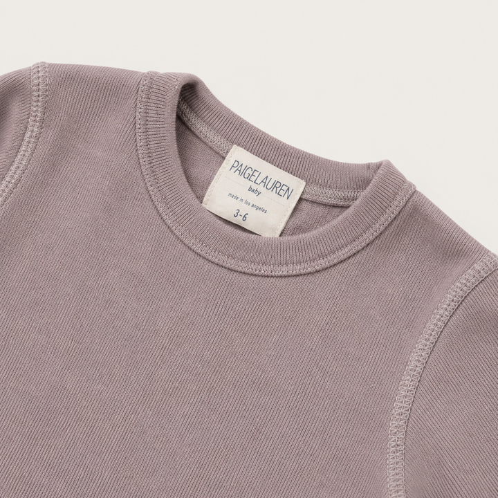 Close-up of PAIGELAUREN Taupe Hacci Pullover neckline and topstitch detail