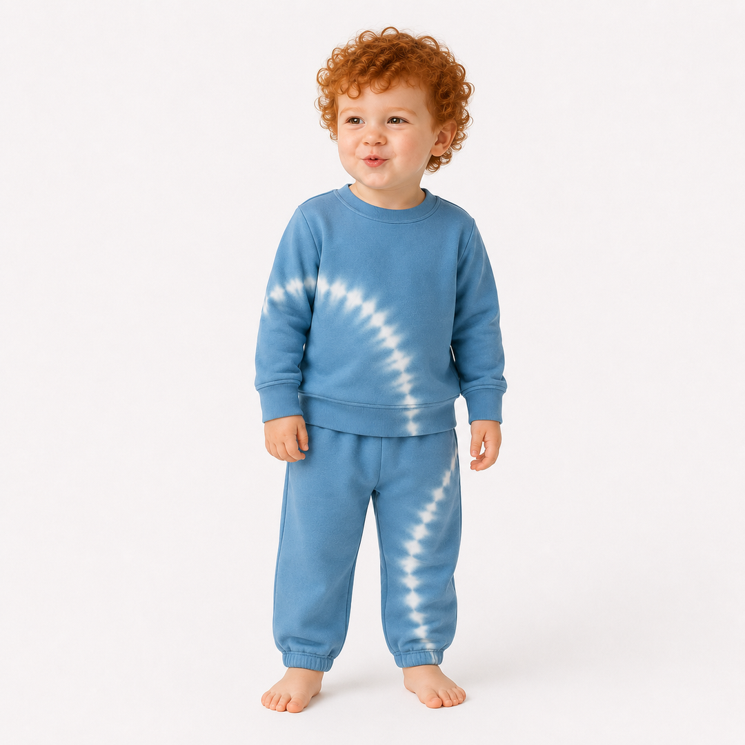 Baby wearing PAIGELAUREN Teal Tie Dye Fleece Sweatshirt and Sweatpant Set