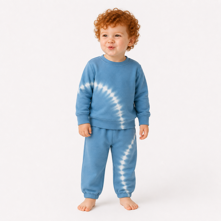 Baby wearing PAIGELAUREN Teal Tie Dye Fleece Sweatshirt and Sweatpant Set