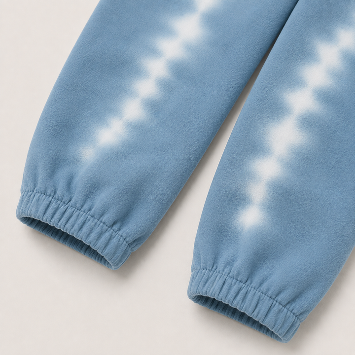 Teal Tie Dye fleece sweatpant detail with elastic waistband and ankle