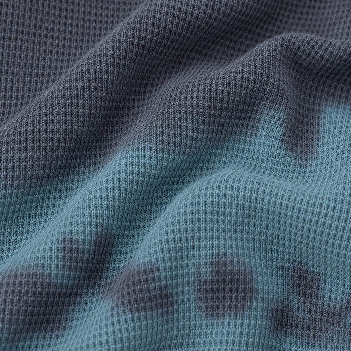 Close-up of PAIGELAUREN Gray Blue hand-dyed thermal fabric texture