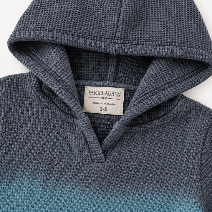 PAIGELAUREN Gray Blue Thermal Dip Dye Hoodie neckline and Made in Los Angeles label detail