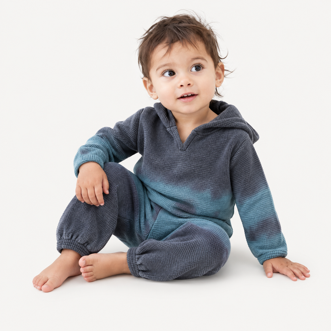 Toddler wearing PAIGELAUREN Gray Blue Thermal Dip Dye Hoodie and Baggy Pant Set