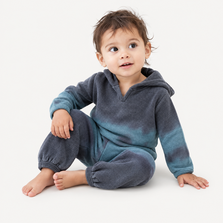 Toddler wearing PAIGELAUREN Gray Blue Thermal Dip Dye Hoodie and Baggy Pant Set