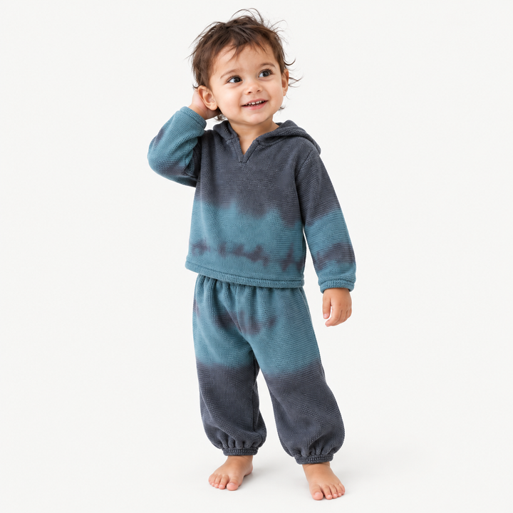 Toddler in PAIGELAUREN Gray Blue Thermal Dip Dye Hoodie and Baggy Pant Set