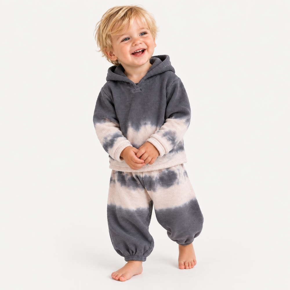 Toddler wearing PAIGELAUREN Gray Bone Thermal Dip Dye Hoodie and Baggy Pant Set