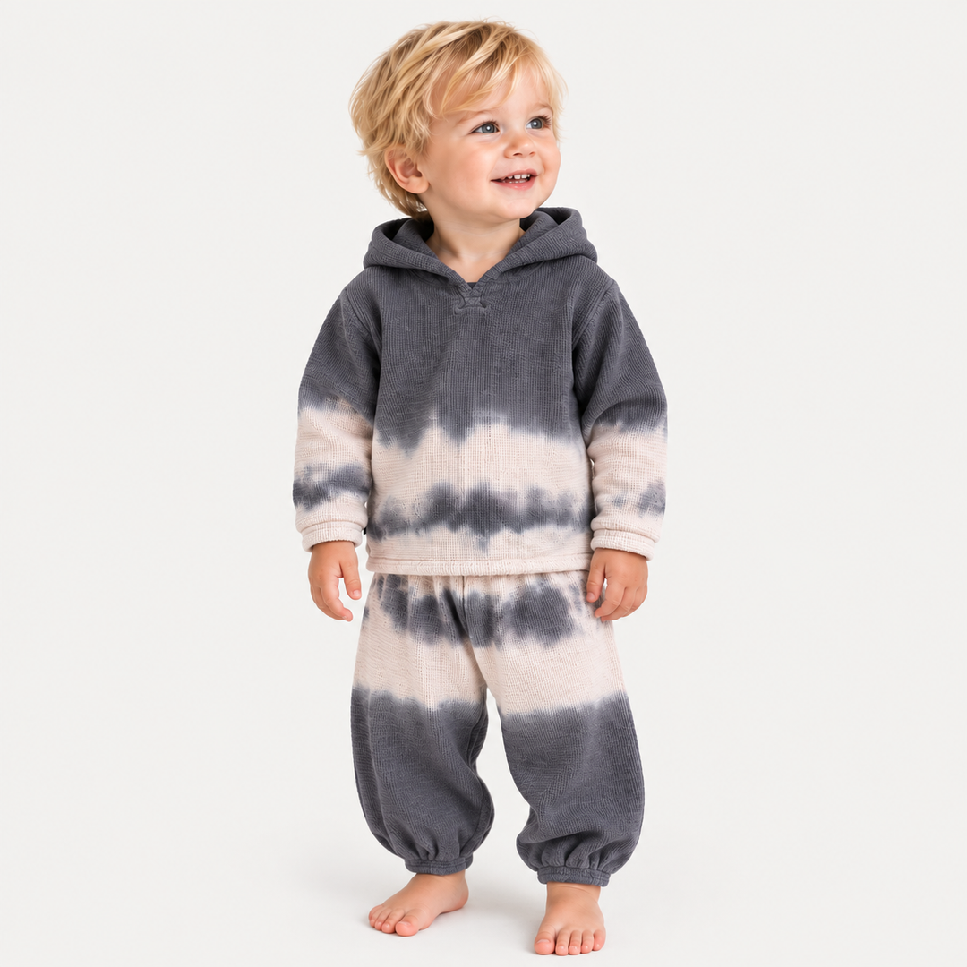 Toddler in PAIGELAUREN Gray Bone Thermal Dip Dye Hoodie and Baggy Pant Set