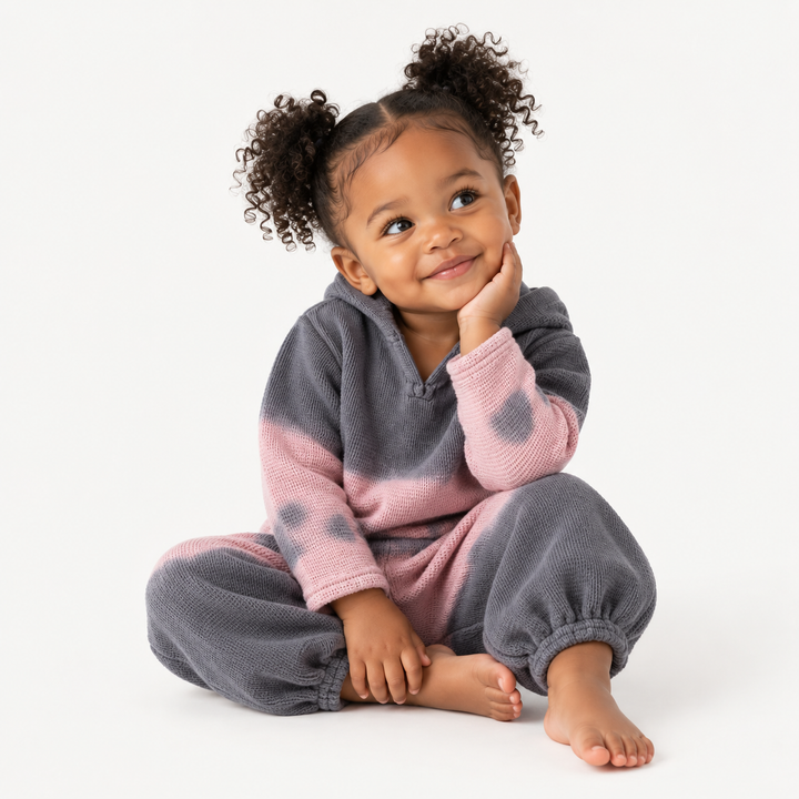 Toddler wearing PAIGELAUREN Gray Pink Thermal Dip Dye Hoodie and Baggy Pant Set