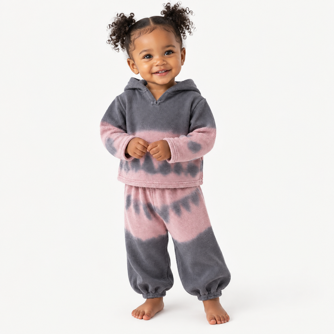 Toddler in PAIGELAUREN Gray Pink Thermal Dip Dye Hoodie and Baggy Pant Set