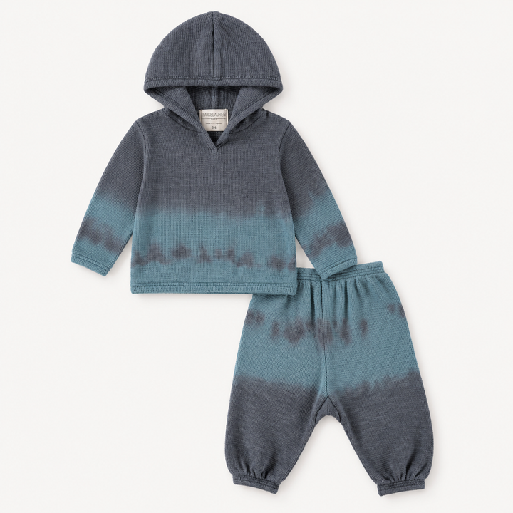 PAIGELAUREN Thermal Dip Dye Hoodie and Baggy Pant Set in Gray Blue