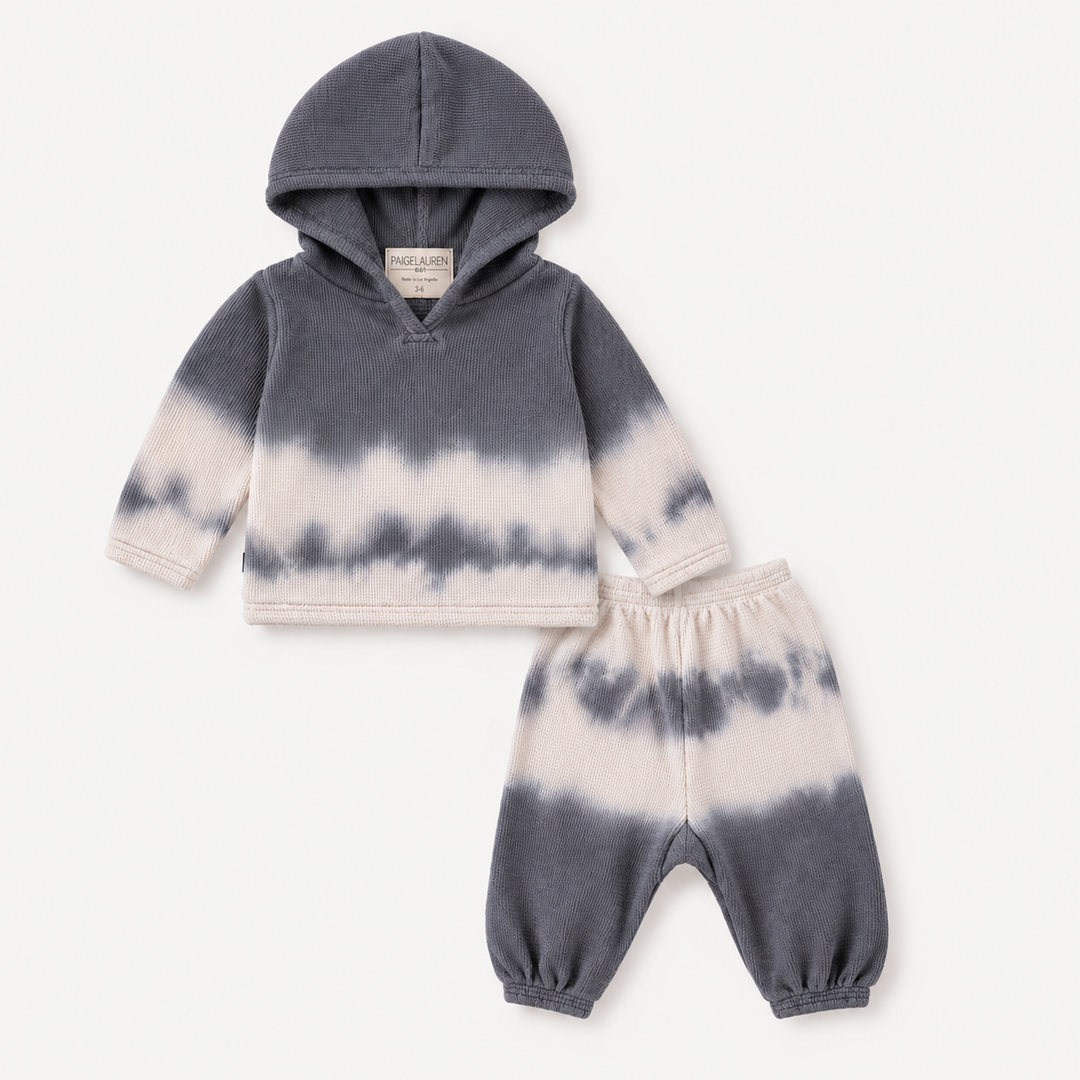 PAIGELAUREN Thermal Dip Dye Hoodie and Baggy Pant Set in Gray Bone