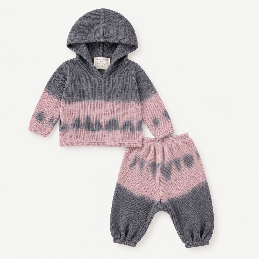 PAIGELAUREN Thermal Dip Dye Hoodie and Baggy Pant Set in Gray Pink