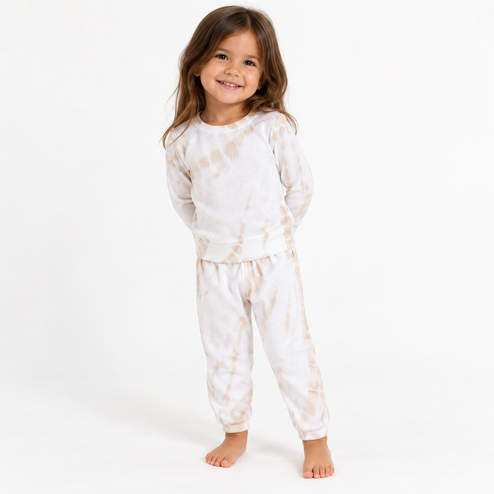 Toddler wearing the PAIGELAUREN Beige tie dye baby rib set