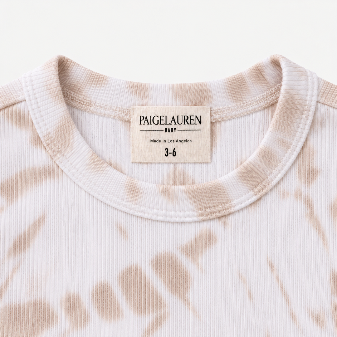 PAIGELAUREN Beige Tie Dye Rib Pullover neckline and label detail