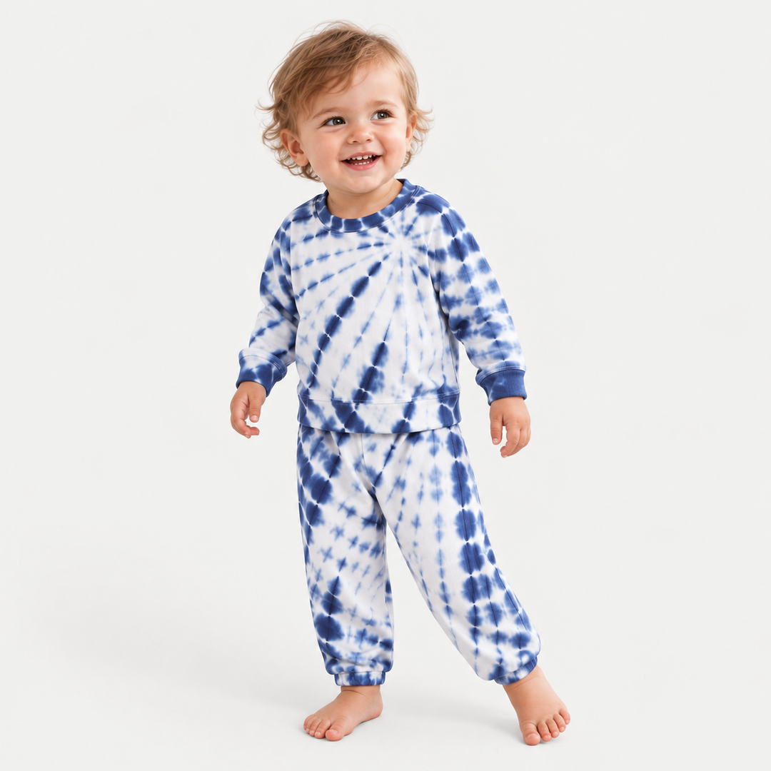 Toddler wearing the PAIGELAUREN Blue tie dye baby rib set