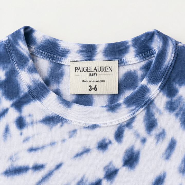 PAIGELAUREN Blue Tie Dye Rib Pullover neckline and label detail