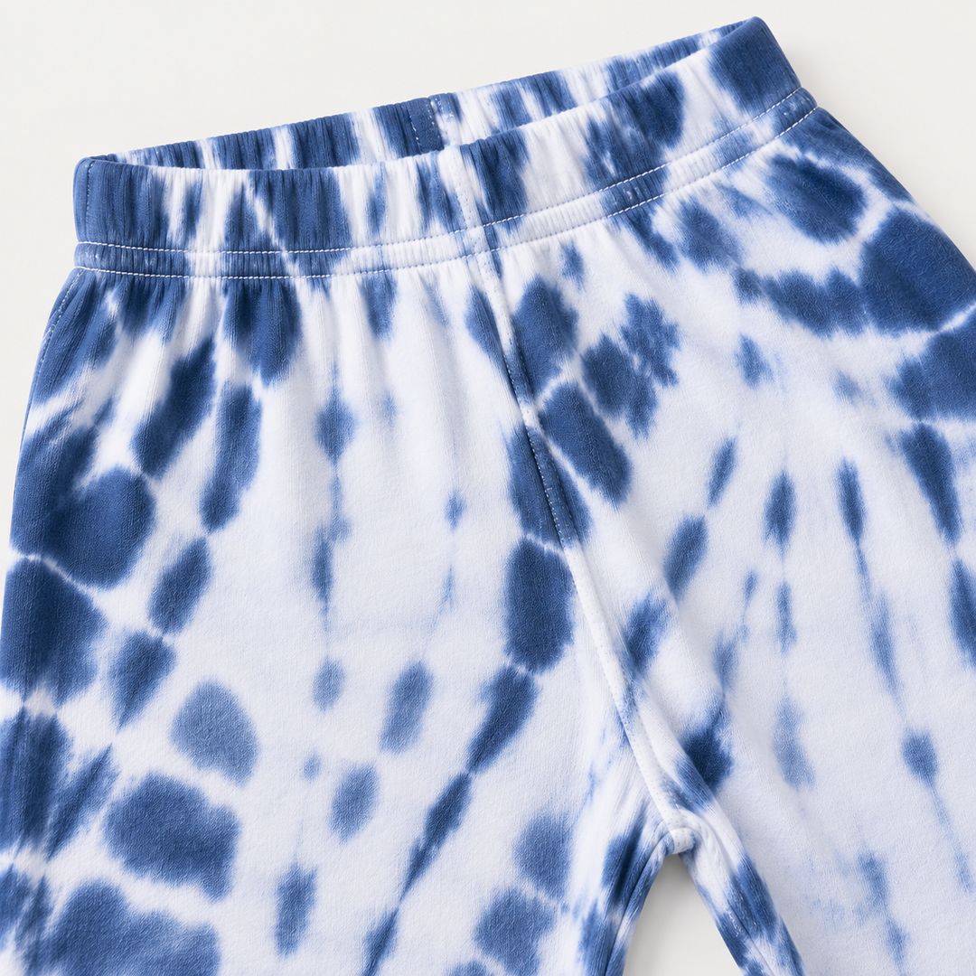 PAIGELAUREN Blue tie dye rib pant waistband and fabric detail
