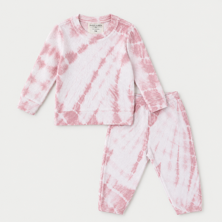 PAIGELAUREN Tie Dye Rib Pullover + Pant Set in Rose Pink