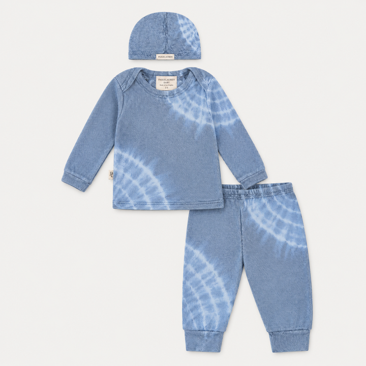 PAIGELAUREN Tie Dye Ribbed Beanie, Lap Tee and Legging Set in Blue Blue Tie Dye