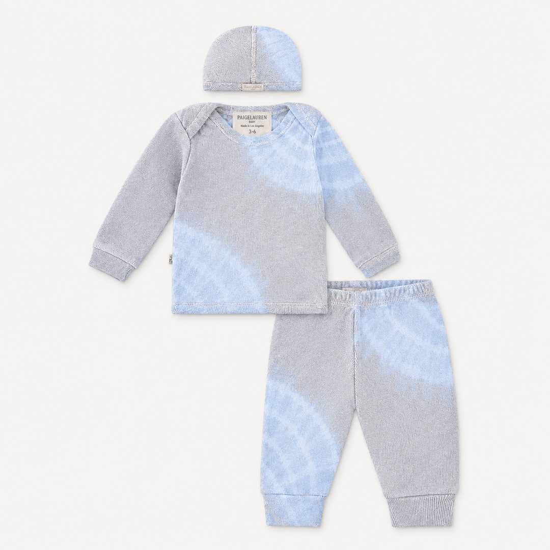 PAIGELAUREN Tie Dye Ribbed Beanie, Lap Tee and Legging Set in Gray Blue Tie Dye