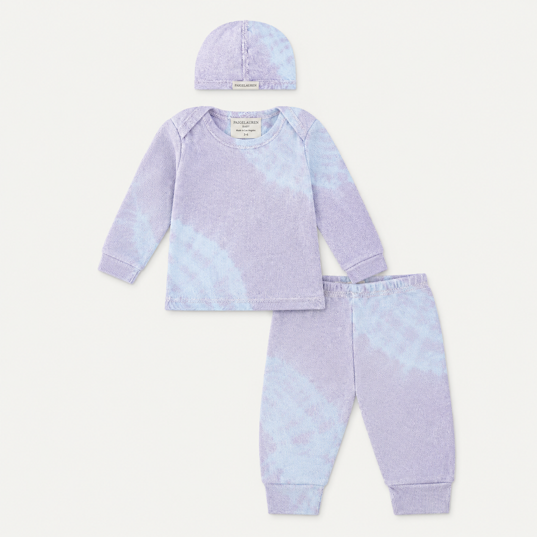 PAIGELAUREN Tie Dye Ribbed Beanie, Lap Tee and Legging Set in Lavender Blue Tie Dye