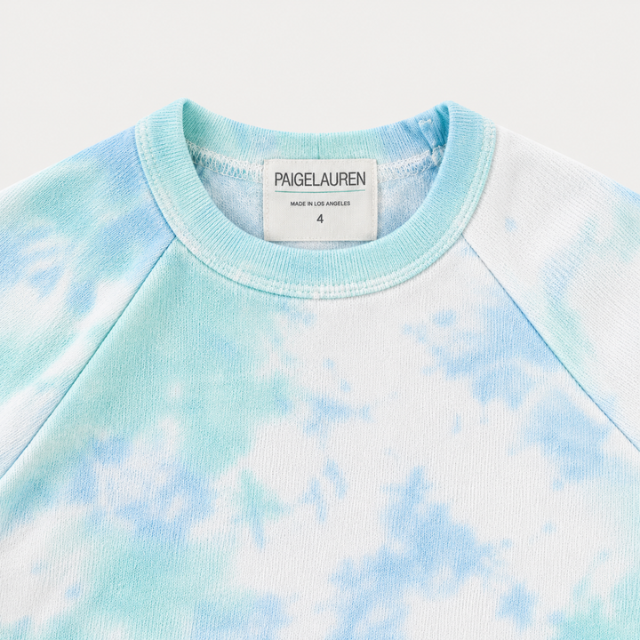 Turquoise marble French terry raglan neckline and PAIGELAUREN label detail