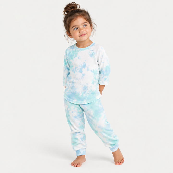 Toddler in turquoise marble long sleeve raglan tee and jogger set by PAIGELAUREN