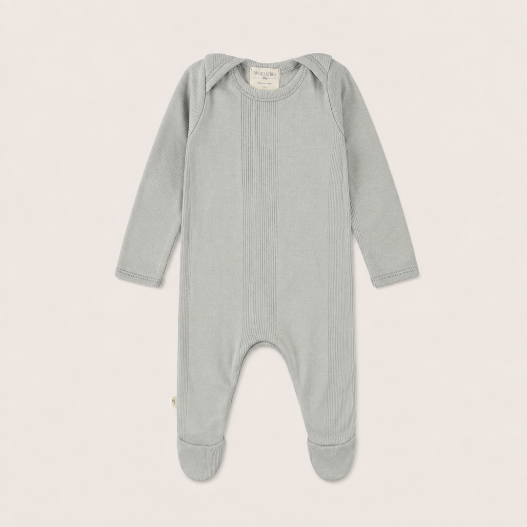 PAIGELAUREN Variegated Rib Lap Tee Footie Pajama with mixed rib texture and built-in footies. Gray