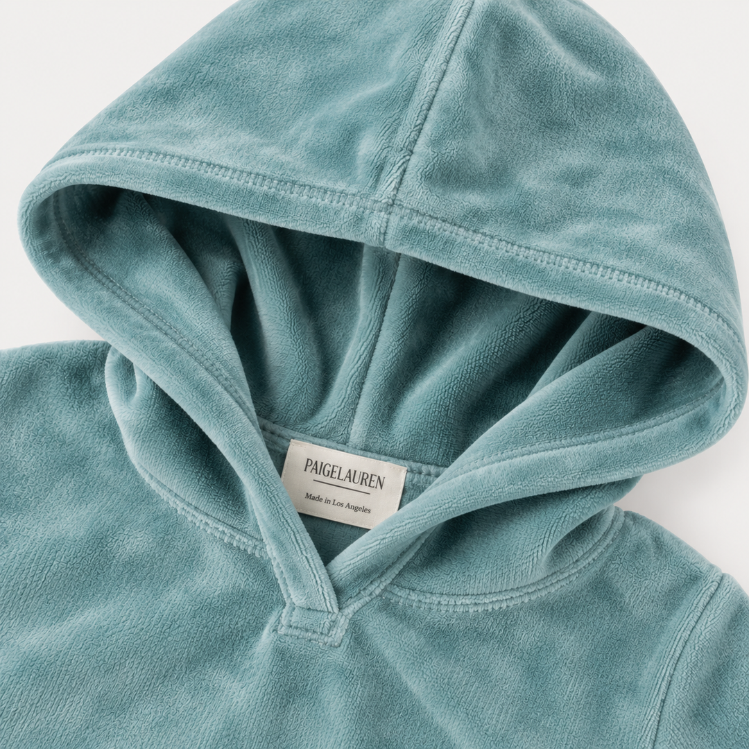 PAIGELAUREN Aqua Velour Hoodie hood and neckline detail