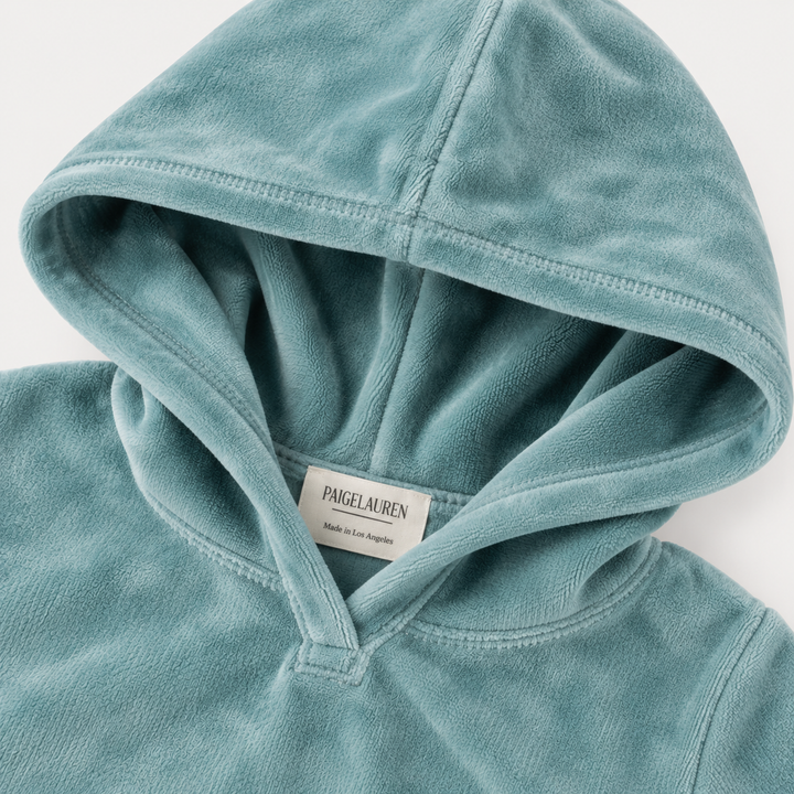 PAIGELAUREN Aqua Velour Hoodie hood and neckline detail