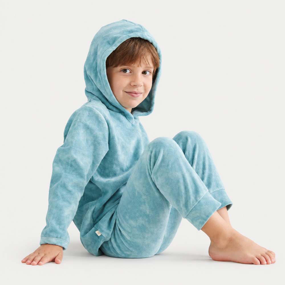 Toddler wearing PAIGELAUREN Aqua Velour Hoodie + Jogger Set