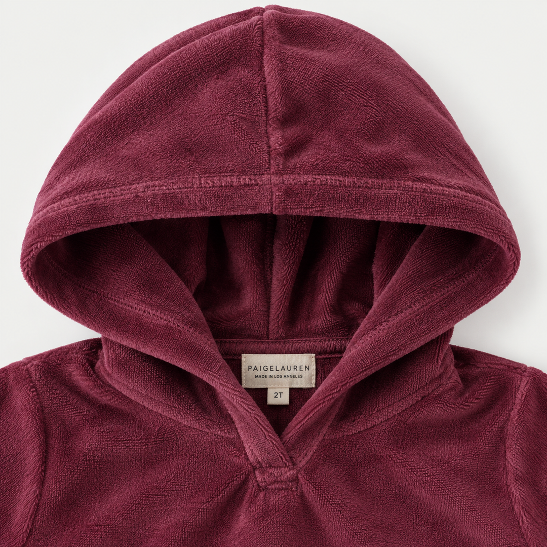 PAIGELAUREN Burgundy Velour Hoodie hood and neckline detail