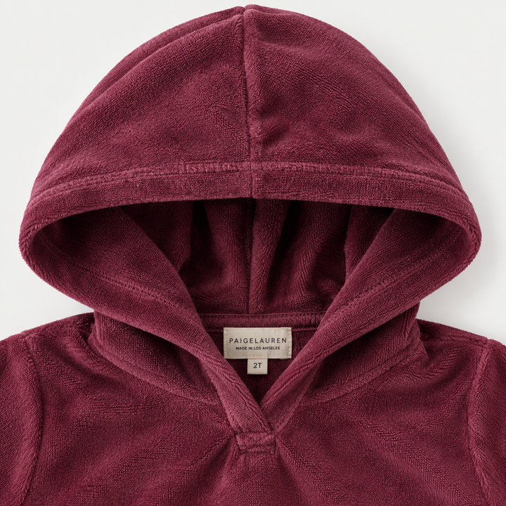PAIGELAUREN Burgundy Velour Hoodie hood and neckline detail
