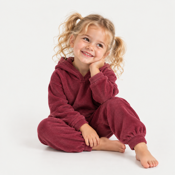 Toddler wearing PAIGELAUREN Burgundy Velour Hoodie + Jogger Set