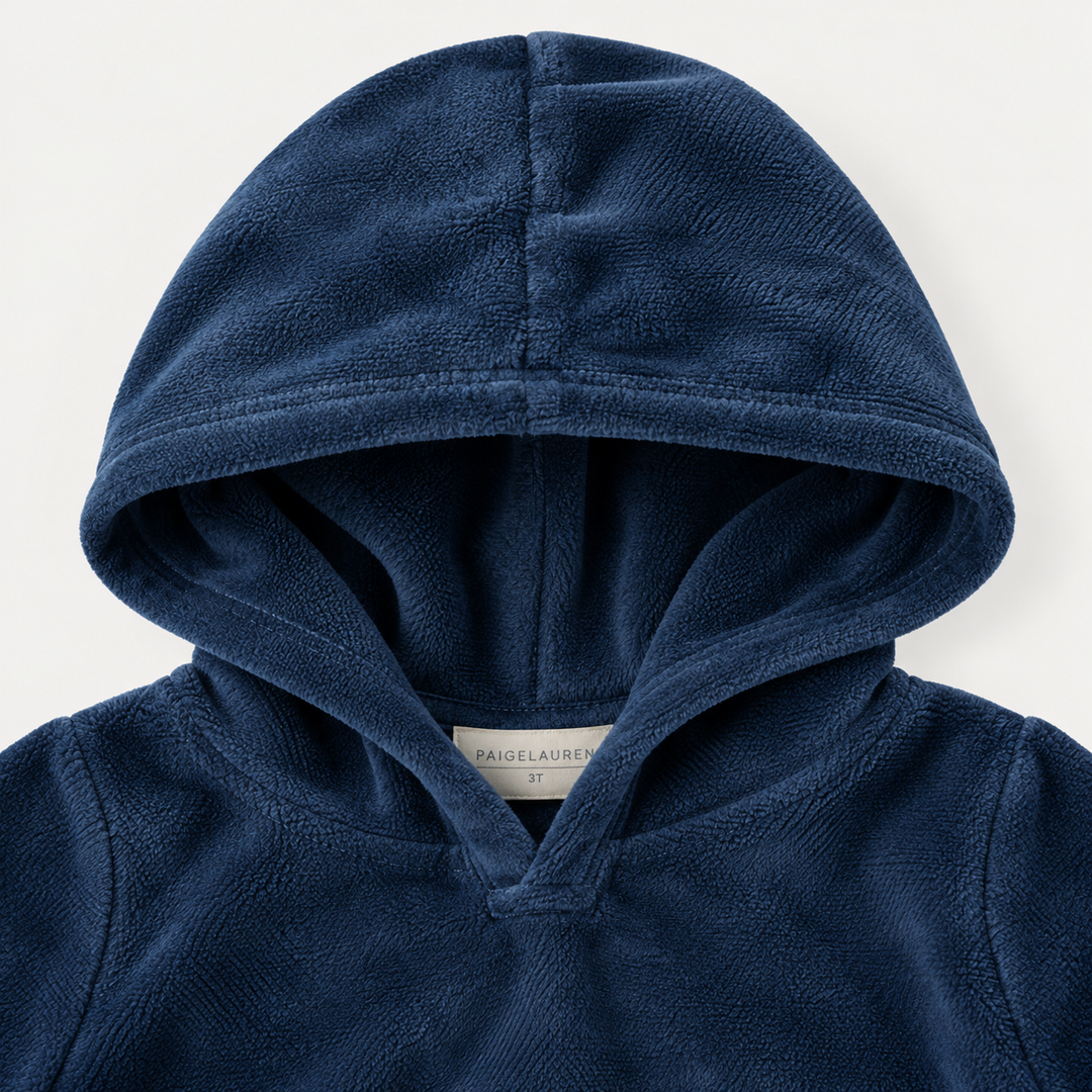 PAIGELAUREN Navy Velour Hoodie hood and neckline detail