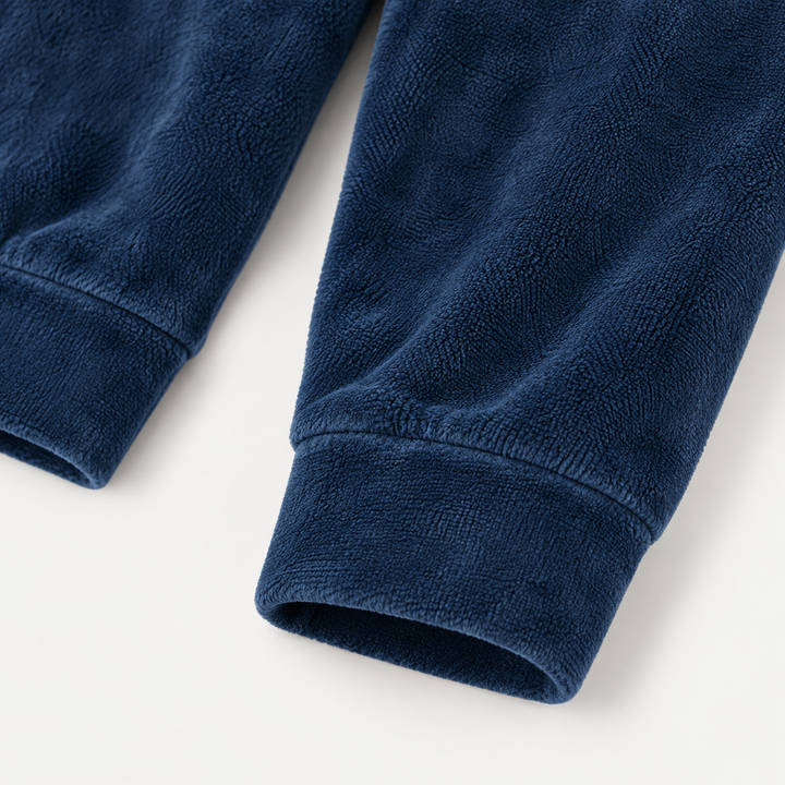 PAIGELAUREN Navy velour jogger waistband and fabric detail