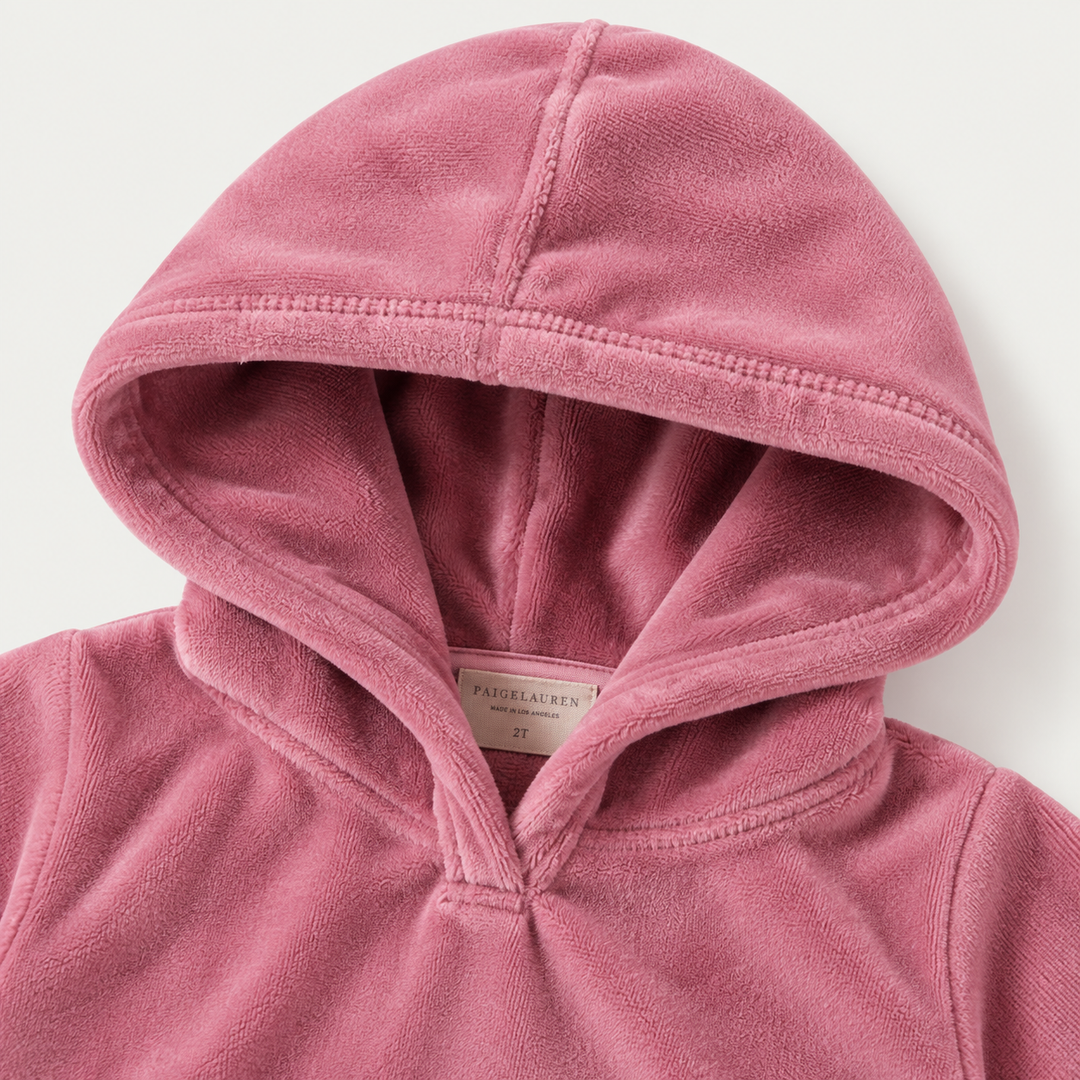 PAIGELAUREN Rose Pink Velour Hoodie hood and neckline detail