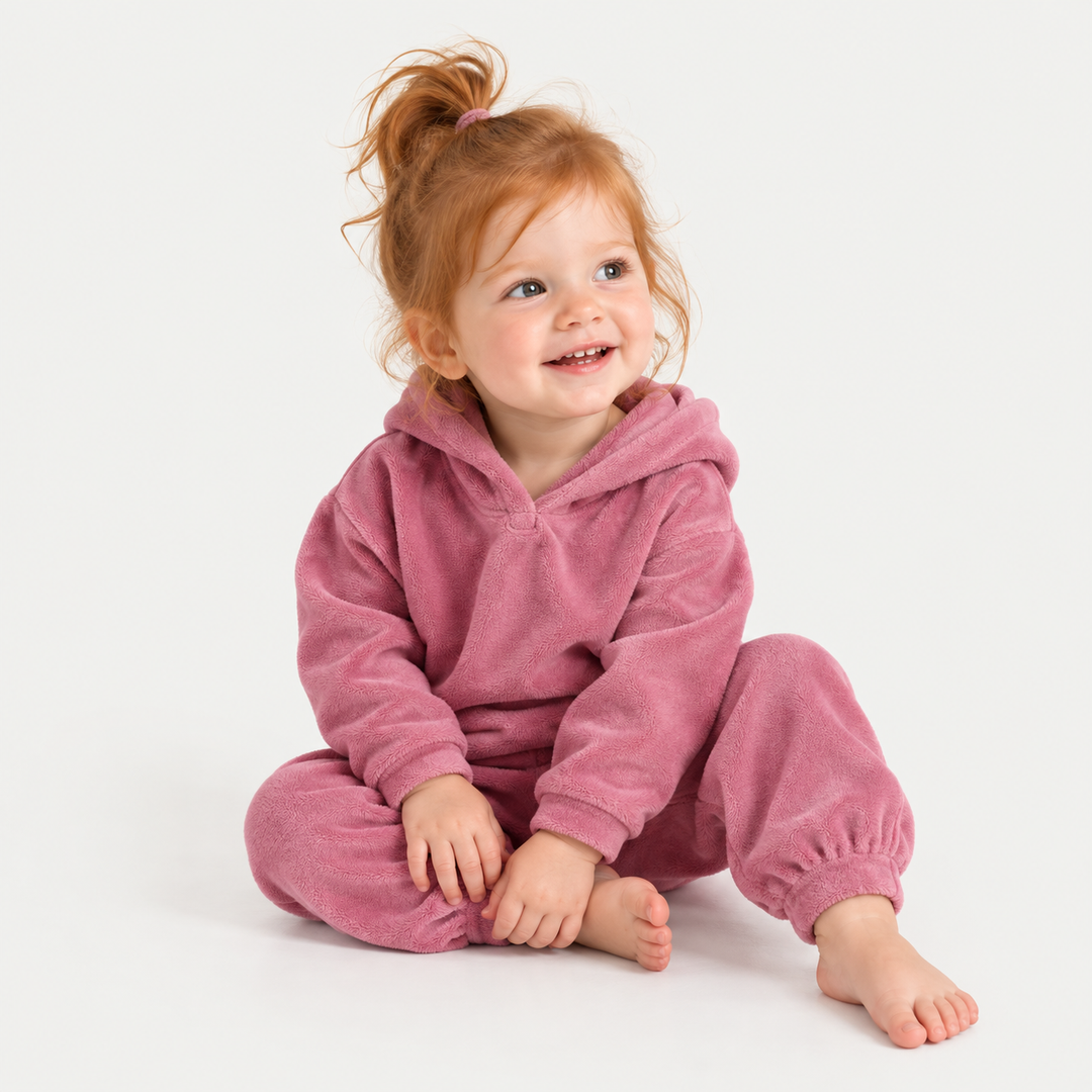 Toddler modeling the PAIGELAUREN Rose Pink velour hoodie and jogger set