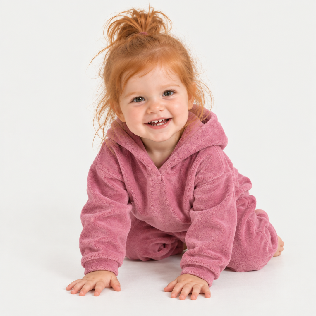 Toddler wearing PAIGELAUREN Rose Pink Velour Hoodie + Jogger Set