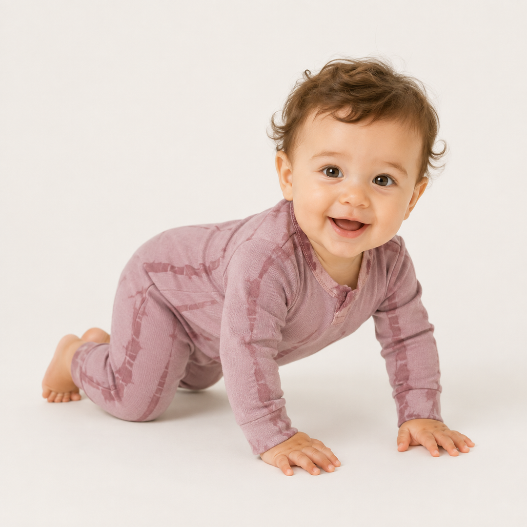 Crawling baby wearing the PAIGELAUREN clay pink tonal-dyed fleece romper.