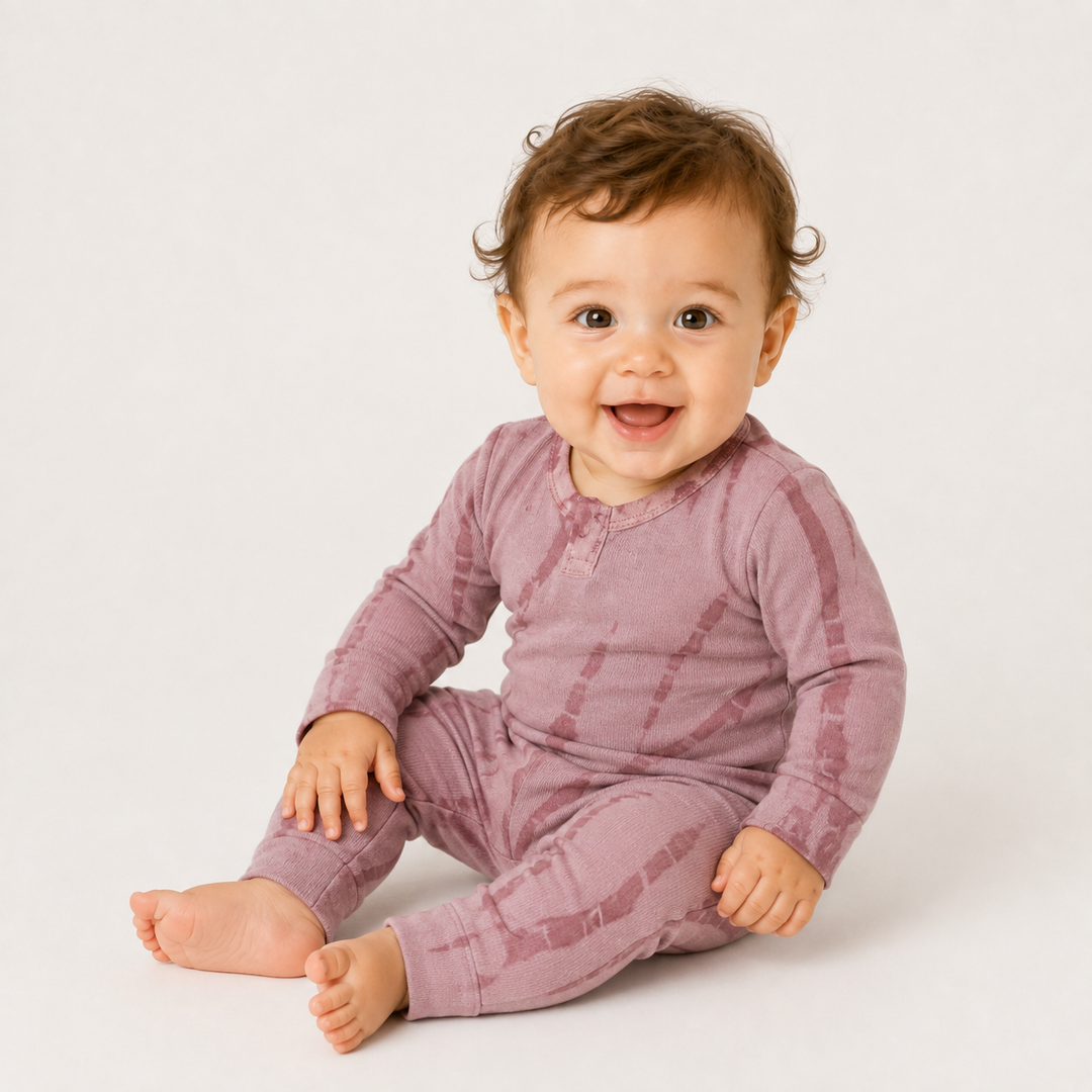 Baby wearing the PAIGELAUREN Pink tonal dyed romper in a minimalist studio.