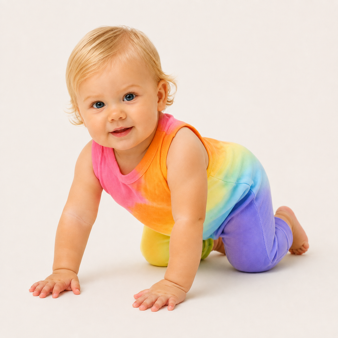 Baby crawling in the PAIGELAUREN Pink Rainbow Ribbed Tank Overall