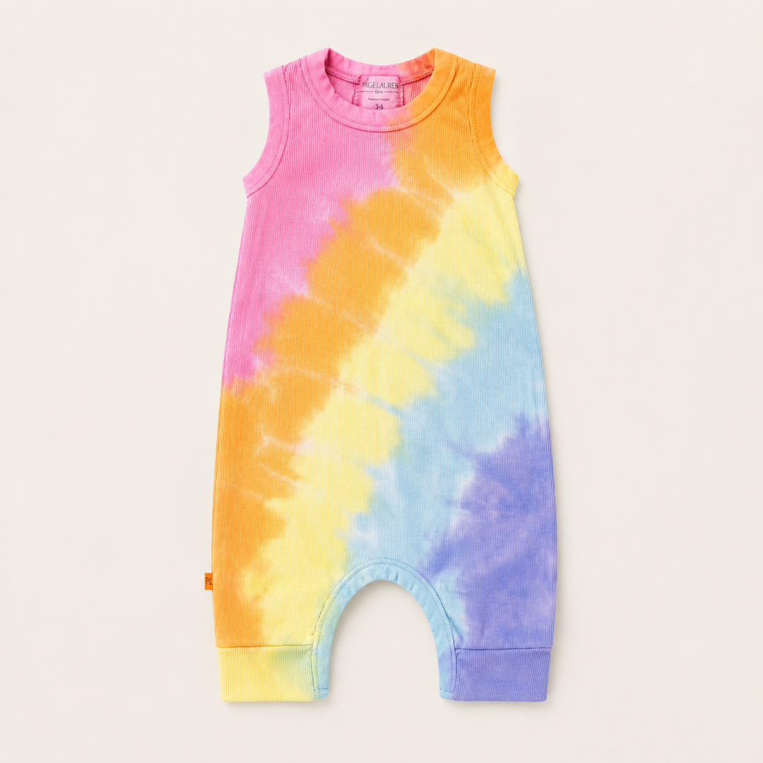 PAIGELAUREN Rainbow Ribbed Tank Overall in premium 2x1 rib cotton, front product view. Pink Rainbow